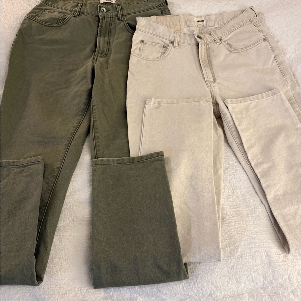 Taylor Stitch Sage Green and Ivory canvas jeans.